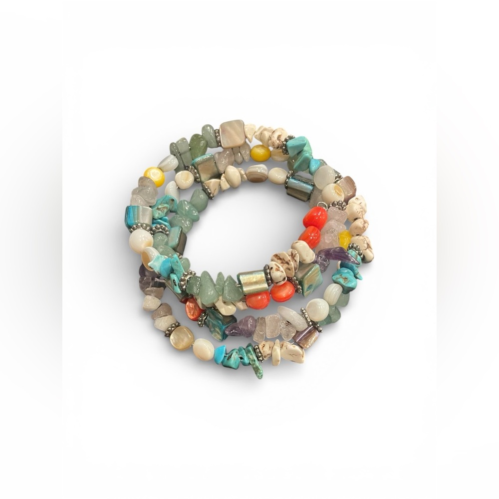 Boho Beaded Wire Wrap Flex Bracelet Semi Precious Gemstones Mixed Chip Colorful